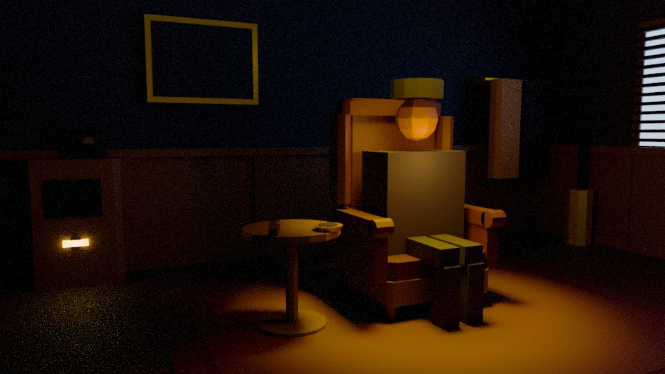 A render of the Don's room: a high-backed armchair lit amber by a single lamp beside a small round side table, the rest of the room in darkness.